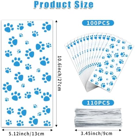 ZYLOP 100 Pcs Blue Dog Treat Bags - 5 x 11 Inch Clear Cellophane Dog Gift Bags with 110 Silver Twist Ties, Paw Print Bags for Pet Treats, Cat Treats, Candy, Cookies & Party Favors