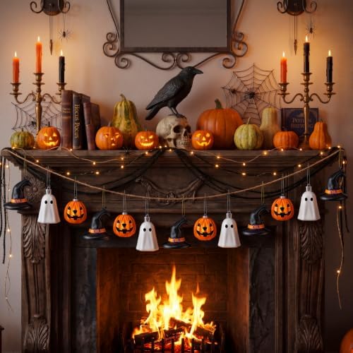 VioraWhite 30 Pcs Halloween Hanging Ornaments Cute Sliver Ghost, Gold Pumpkin and Witch Hat Lantern Home Decoration Mini Plastic Halloween Tree Decorations for Holiday Party Decor