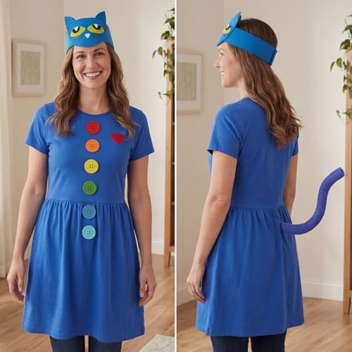 Blue Cat Costume Set with Cat Headband and Tail, Heart Button Stickers Accessories for Read Book Day Dress Up Halloween Party Cosplay
