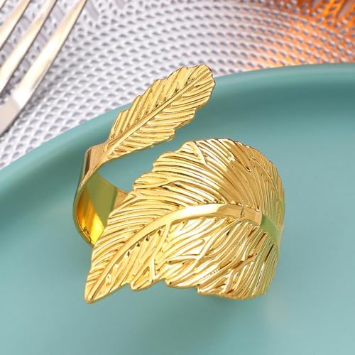 Gold Napkin Rings Set of 50, Bright Golden Leaf Napkins Rings Holders