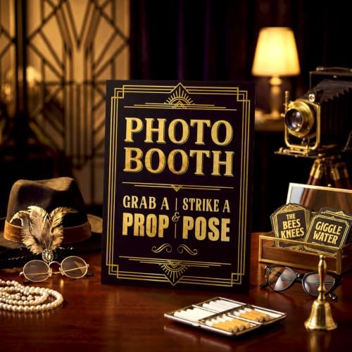 Briwooody Roaring 20's Photo Booth Sign 1920s with Stand Retro Background