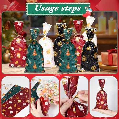 Lapensa ChristmasTreat Bags,100PCS Christmas Cellophane Treat Bag, Plastic Clear Candy Cookies Goodie Snacks with Twist Ties for Gift Wrap Xmas Holiday Party Favors(Christmas)