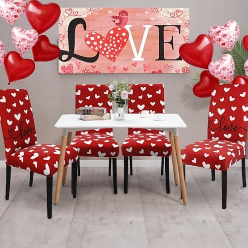 Valentines Day Chair Covers Set of 4, Valentines Decorations Stretch Removable Washable Dining Room Love Hearts Gnome Chair Protector Slipcovers Party Kitchen Home Valentine Decor (Valentine 1, 4 PCS)