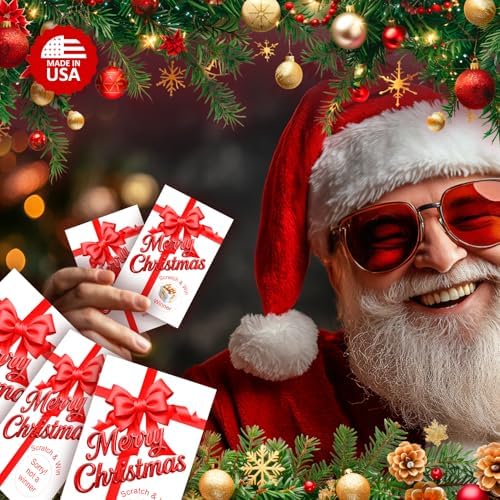RokAPary Gift Box Merry Christmas Game Scratch Off, Red Bow, Scratch & Win, Easy to Play Silly Games, Fun Idea, Ice Breaker Activity. DIY Raffle Cards, Set of 40 Cards Made in USA