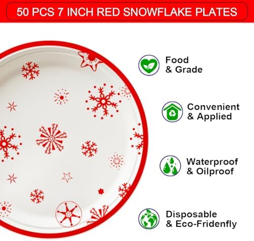 SHUYU 50 Count 7 Inch Round Christmas Snowflake Paper Plates, Red and White Holiday Disposable Dinner Plates Festive Winter Party ableware