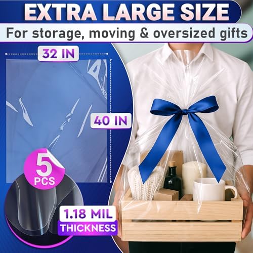 5 Pcs Shrink Wrap Bags for Gift Baskets, 32x40 in, Dust Cover