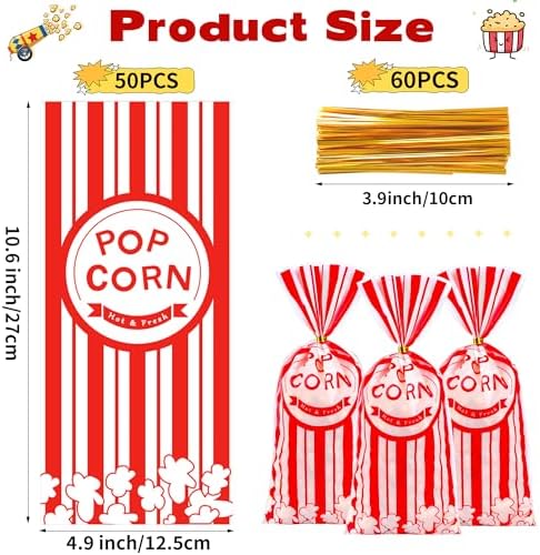 ZYLOP 50 Pcs Popcorn Treat Bags - 5" x 11" Red and White Striped Cellophane Candy Bags for Carnival Circus Theme Party, 50 Pcs Popcorn Goodie Bags with 60 Gold Twist Ties for Birthday, Movie Night