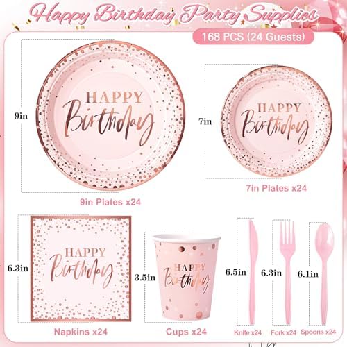 Pink Rose Gold Happy Birthday Party Plates, 168PCS Birthday Party Supplies