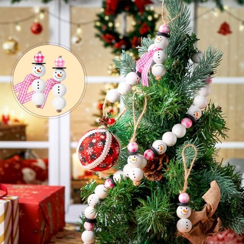 Landical 180 Piece Summer Christmas in July DIY Christmas Snowman Wooden Bead Crafts DIY Ornaments Buffalo Plaid Wood Round Bead Xmas Print Wooden Beads with Twine Scarf for Crafts(Pink Color)