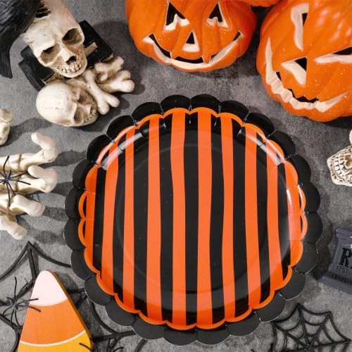 JarThenaAMCS 30Pcs Orange Black Stripe Paper Plates Halloween Scalloped Disposable Plate Striped Dessert Plate for Halloween Birthday Baby Shower Party Table Decor
