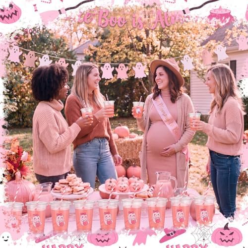 FillTouch 50 Pcs Halloween a Little Boo Almost Due Baby Shower Cups Pink