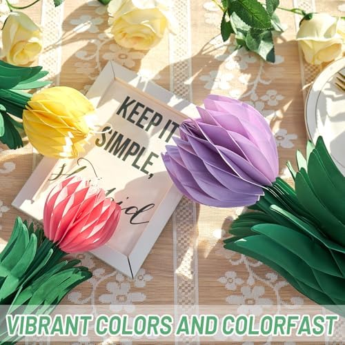 SUNBEAUTY Flower Honeycomb Decor Tulips Table Centerpieces Spring Decoration for Home Office Paper Flower Tulip Honeycomb Decor for Garden Party Mothers Day Decoration Easter Party Birthday Tea Party