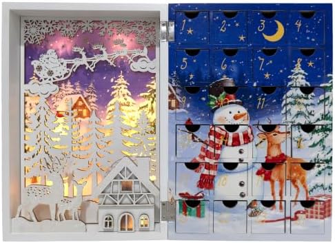 Lighted Wooden Christmas Advent Calendar Book, White