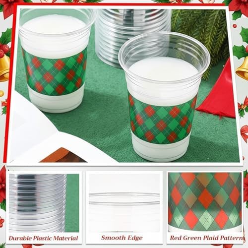 100 Pcs 16 oz Christmas Party Cups Red and Green Plaid Checkered