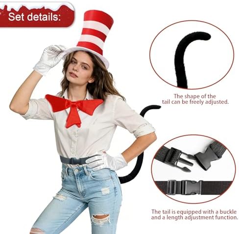Red and White Striped Top Hat, Adult Standard Size, Cat Hat Costume Halloween Role-Play Party Accessory