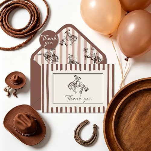 JarThenaAMCS 24Pcs Cowboy Thank You Cards with Envelopes Stickers Western Greeting Cards Beige Brown Striped Blank Note Card for Cowboy Birthday Country Party Supplies