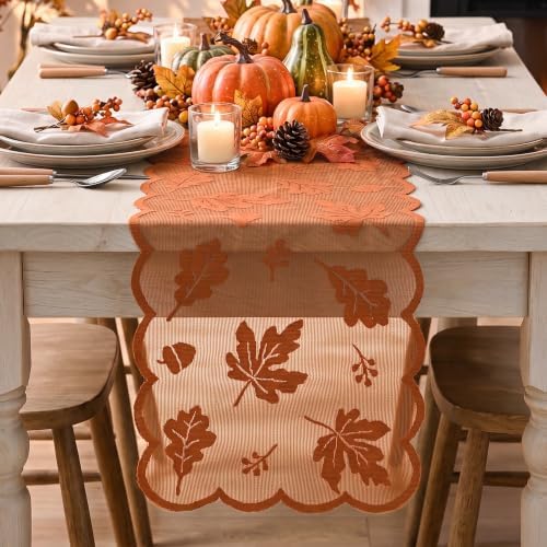 Artoid Mode Lace Jacquard Maple Leaf Fall Table Runner, Seasonal Thanksgiving Orange Kitchen Dining Table Decoration for Home Party Decor 13x72 Inch