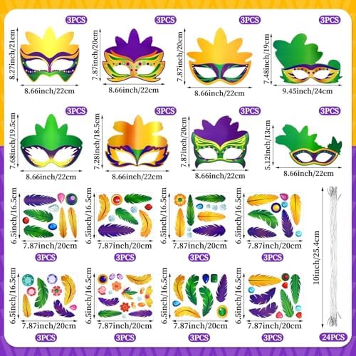 Jansun 24-Pack Mardi Masquerade Gras Masks, Party Masks with Feathers Stickers Carnival Costumes Outfits Accessories