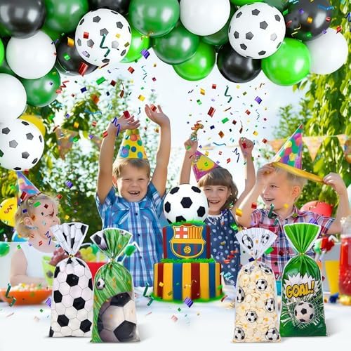50 Pcs Soccer Cellophane Treat Bags - 5" x 11" Sports Themed Goodie Bags with 60 Gold Twist Ties, 4 Adorable Soccer Designs Clear Candy Bags for Soccer Birthday Party Favors, Team Celebration