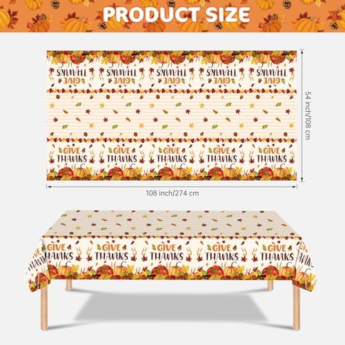 3 Pcs Thanksgiving Tablecloth Disposable - Give Thanks Tablecloths, Maple Leaves Pumpkin Fall Table Cloth Plastic Rectangle Table Cover for Thanksgiving Party Decorations Supplies Favors, 54x108 Inch