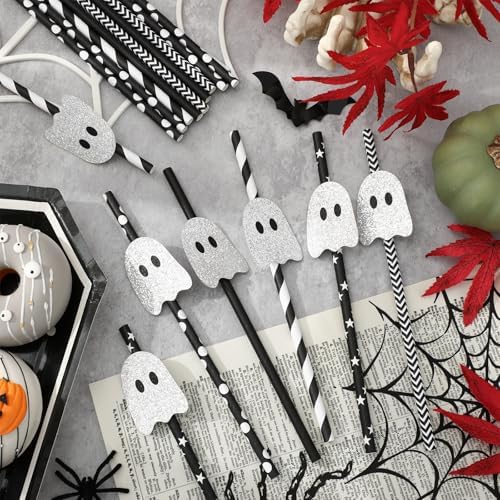 JarThenaAMCS 40Pcs Halloween Ghost Paper Straws Glitter Ghost Disposable Drinking Straw Black White Decorative Straws for Trick or Treat Birthday Party Supplies