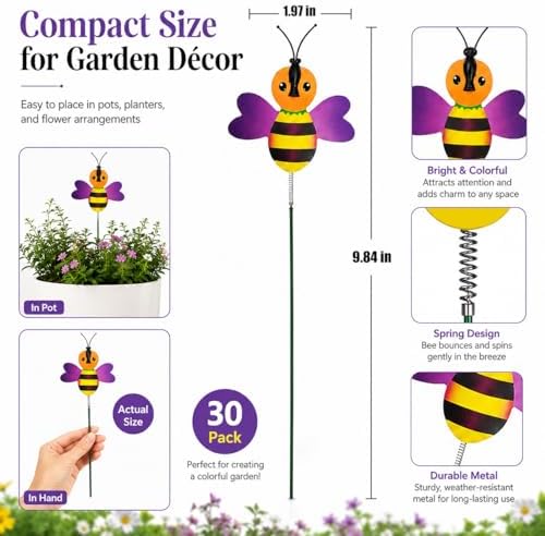 RAINFLOW 30PCS Fake Bee Garden Stakes - Colorful Flower Pot Decor