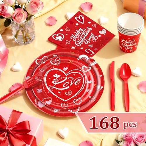 168 Pcs Valentine's Day Tableware Set - Serves 24, Heart & Love-Themed Disposable Paper Plates, Cups, Napkins, Forks, Spoons, Knives for Valentines Day Party, Wedding,Bridal Shower,Holiday Gatherings