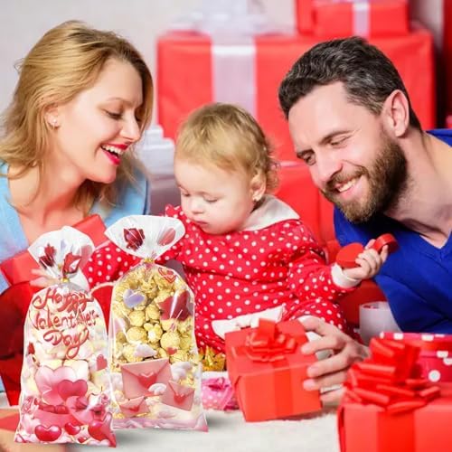 Valentines Goodie Bags, 120Pcs Valentines Treat Bags for Candy Goody Snacks Gifts Packing, Valentines Day Cellophane Bags With 135Pcs Twist Ties for Kids Classroom Party Favors - 4 Lovely Style
