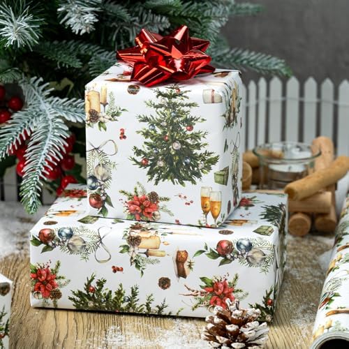 MAYPLUSS Christmas Wrapping Paper Roll - 17 In x 33 Feet - Cute Watercolor Christmas Tree Candle Pinecone Goblet Gift Wrap Paper for New Year, Holiday, Kids