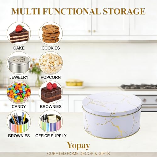 Yopay 3 Pack Cookie Tins with Lids, Round Gift Boxes for Toffee, Marbled Easter Baking Cake Containers for Valentines Gift Giving Puff Pastries Craft Supplies Metal Canister