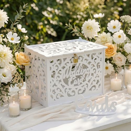 Jolik Wedding Card Box with Sign, Large Rustic Locking Money Box Holder for Wedding Reception, Gift Card & Envelope Storage, DIY Anniversary & Birthday Party Decoration