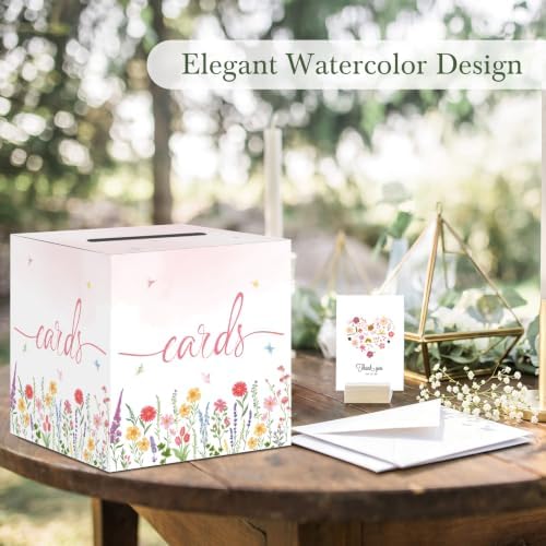 Watercolor Wildflower Wedding Card Box, Paperboard 8.7" Card Box for Party Graduation Birthday Wedding Bridal or Baby Showers Retirement Anniversary Valentine's Day