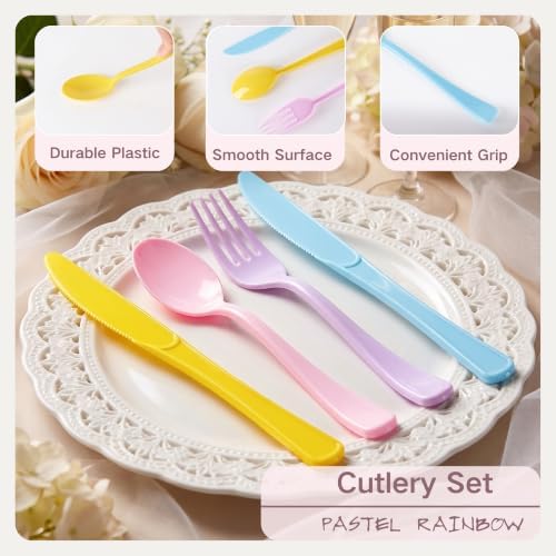 300Pcs Pastel Plastic Silverware Set, Full Size Disposable for Dinner