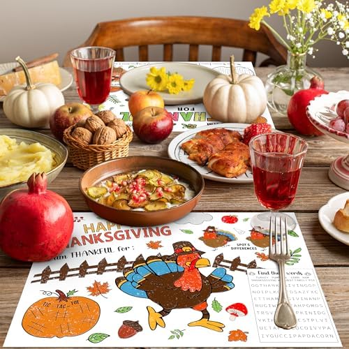 LINAYE 21PCS Thanksgiving Coloring Placemats, Thanksgiving Crafts Activities for Kids Paper Placemats Dinner Table Mats Disposable to Color for Kids