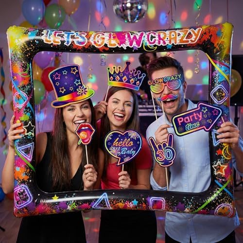 Glow Neon Inflatable Photo Frame & Props, 30Pcs Neon Photo Booth Props with Let's Glow Crazy Inflatable Selfie Picture Frame for Neons Disco Black Light Party Supplies