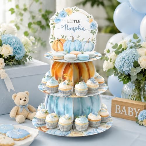 Haooryx Blue Pumpkin Cupcake Stand 3Tier Dessert Holder Pastry Platter