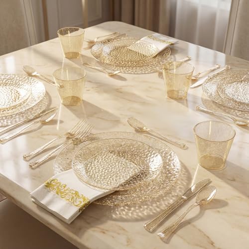 Rubtlamp 350 Pcs Gold Glitter Plastic Plates, Hammered Disposable Plates Set (50 Guests), Glitter Dinnerware Set Include 100 Plastic Plates, 150 Glitter Silverware, 50 Cups And 50 Napkins