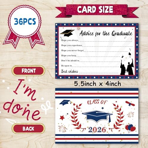 Graduation Wish Cards with Red Blue White Card Holder Box - 36PCS Class Of 2026 Advice Cards and 2026 Congrats Grad Card Box for Graduation Party Supplies Decoration