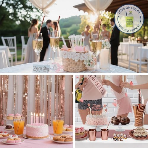 [100 Pack] Lives on Green Rose Gold Biodegradable Paper Drinking Straws, Disposable Party Straws for Birthday, Weddings, Cocktail Parties & Decorations (7.75'' x 0.24'')