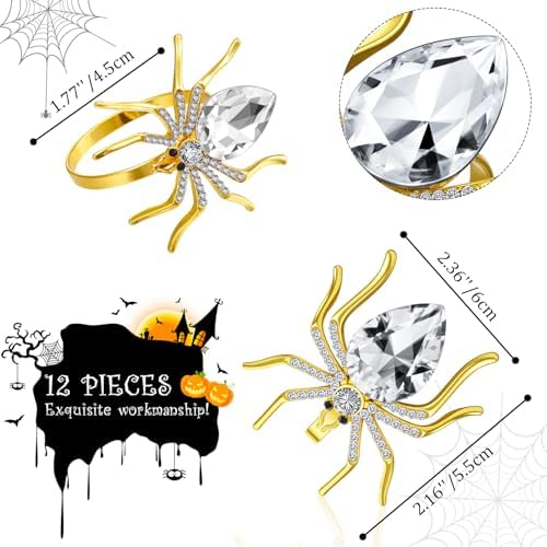 Patelai 6 Pcs Spider Napkin Rings Halloween Metal Spooky Rhinestone Napkin Holder Buckle Serviette Halloween Table Decoration Party Supplies