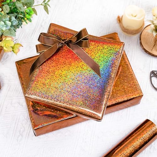 Burymento Brown Wrapping Paper Roll, Metallic Holographic Star Gift Wrap for Birthday, Valentines, Mothers day, Graduation, Wedding, Fathers day, Baby Shower, Christmas (17 IN x 32.8 FT)