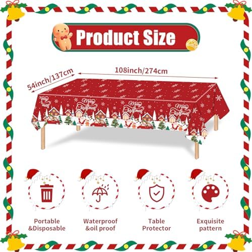 3-Piece 54 x 108 Inch Christmas Plastic Tablecloth – Red Disposable Table Covers with Merry Christmas Lettering, Snowy Houses, Santa, Snowmen, and Xmas Trees for Holiday Winter Parties