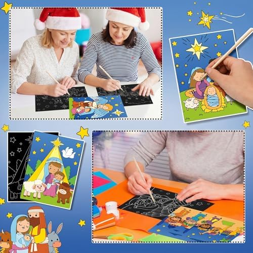 Marspark 24 Pcs Christmas Scratch Paper Nativity Art Crafts Bulk