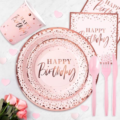 Pink Rose Gold Happy Birthday Party Plates, 168PCS Birthday Party Supplies