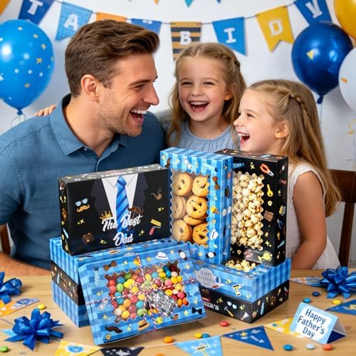 FCKLVMC 12 Pcs Fathers Day Gift Boxes Bulk with Windows , 2 Styles Fathers Day Treat Boxes for Treats With Gift Card and Sticker, Fathers Day Gift Boxe for Happy Father Day Party Supplies (20*30*6.3cm)