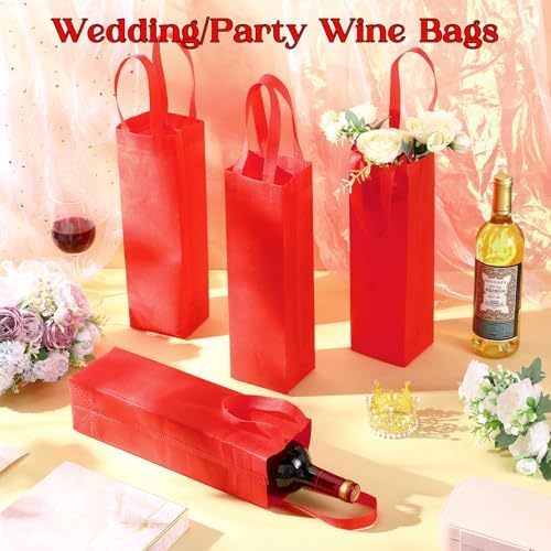 Windyun 100 Pcs Wine Gift Bags with Handle Reusable Small 13.8x3.5x3.9 Inches Liquor Bottle Totes Bulk for Birthday Wedding Christmas Holiday Party (Red)