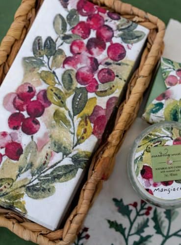 IHR Ideal Home Range Dinner Napkins Disposable 3-Ply Paper Hand Towels, 8.5" x 4.5", Cranberry Wreath, 16-Count