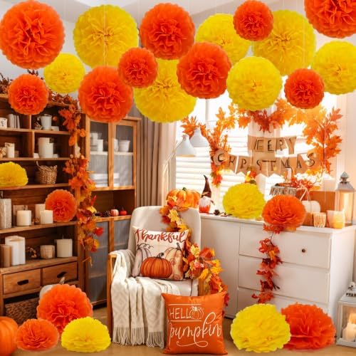 Recosis Yellow Orange Party Decorations, 18 Pcs Paper Pompoms Decorations