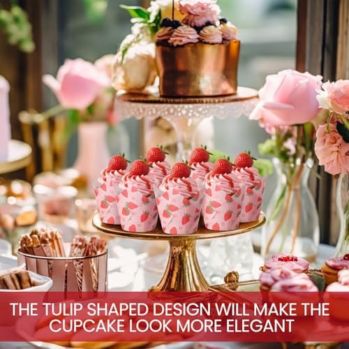 Maxdot 200 Pcs Strawberry Tulip Cupcake Liners for Baking Red Pink Strawberry Flower Paper Muffin Baking Cups Summer Fruit Theme Tulip Muffin Liners Wrappers for Baby Shower Wedding Birthday Party