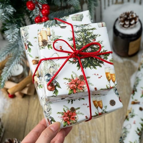 MAYPLUSS Christmas Wrapping Paper Roll - 17 In x 33 Feet - Cute Watercolor Christmas Tree Candle Pinecone Goblet Gift Wrap Paper for New Year, Holiday, Kids